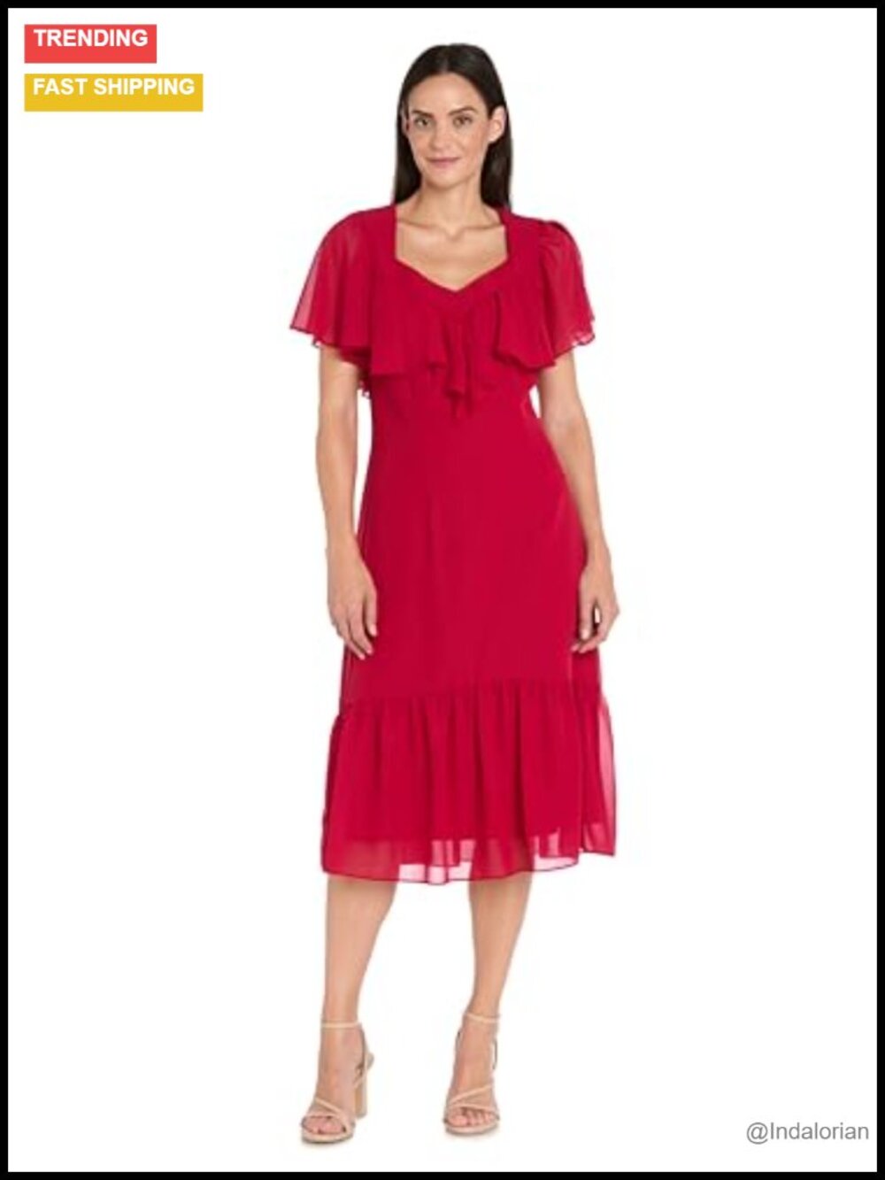 Chiffon Sweetheart Capelet Midi Dress Shirred Tier Skirt Cocktail Formal